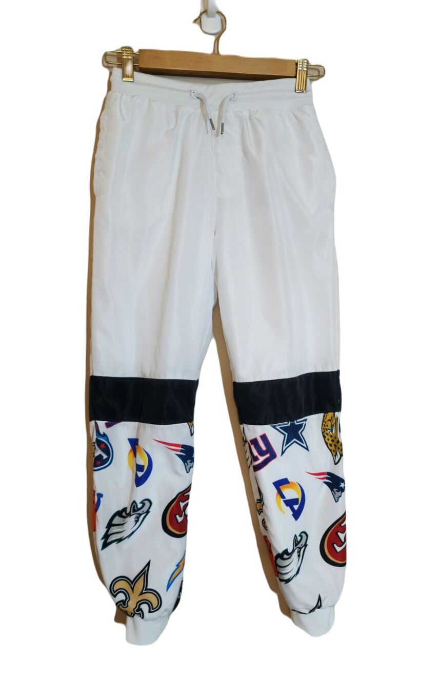 NFL Team Apparel Kids Sweatpants White Lined Football Logos ICER Brands Sz 10-12